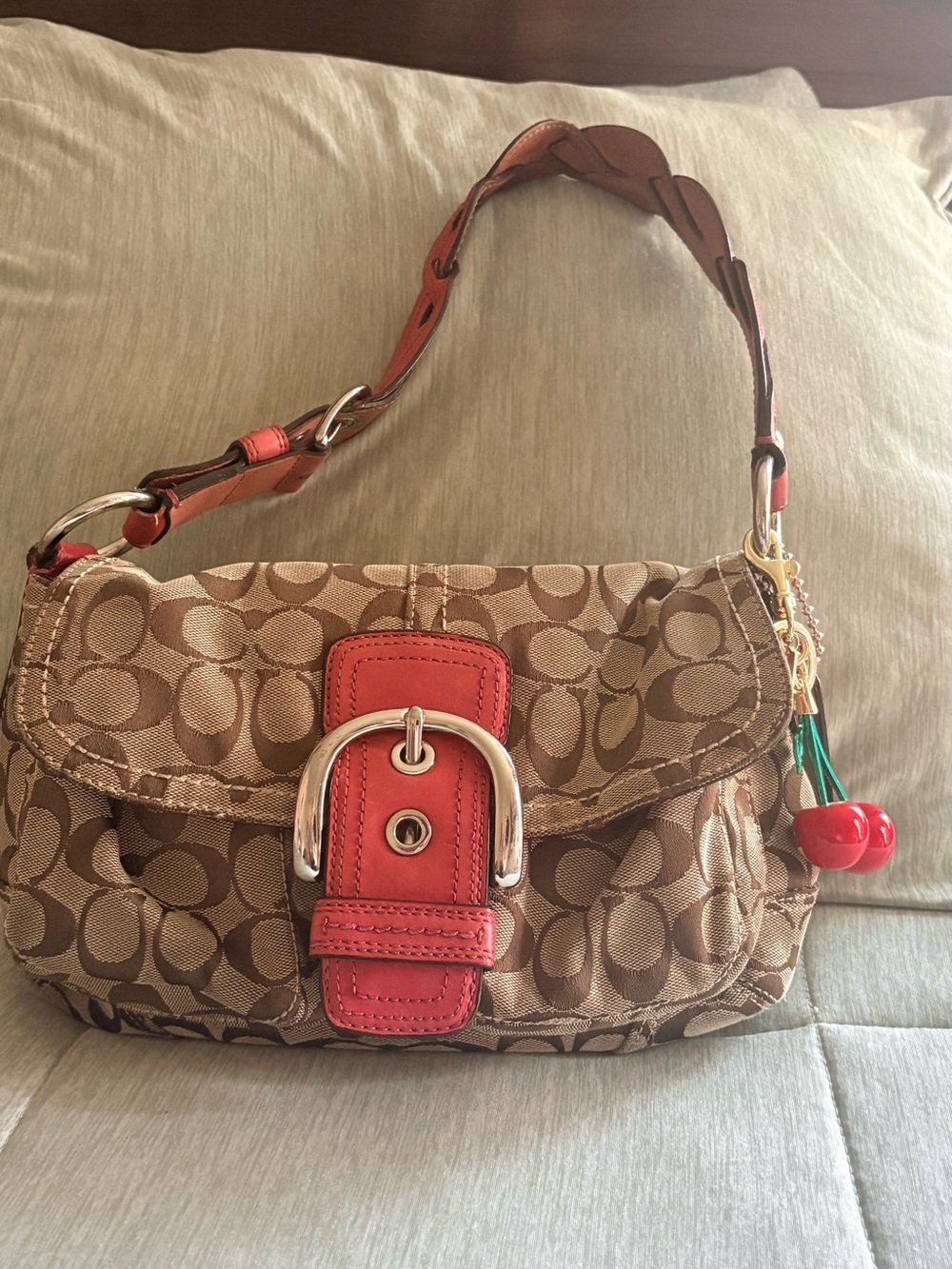 Coach Brown Signature Jacquard Shoulder Bag with Red Accent